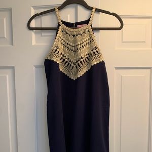 Navy blue high neck dress with gold detailing!